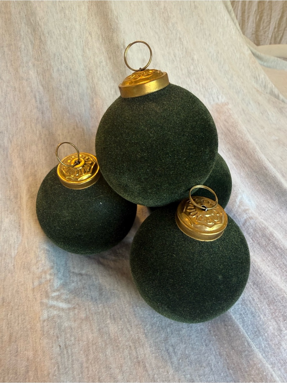 Holiday Velvet Green Christmas Ornaments with Gold Caps